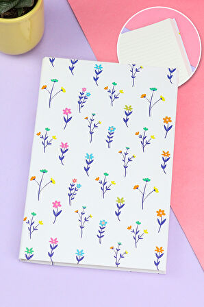 Beyaz Çiçekli Defter & Mor Tükenmez Kalem & Mor Çiçekli Fular Hediye Seti