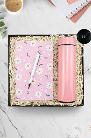 Pembe Dereceli Termos & Pembe Papatya Defter & Gümüş Renk Detaylı Beyaz Tükenmez Kalem Hediye Seti