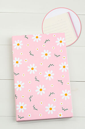 Pembe Dereceli Termos & Pembe Papatya Defter & Gümüş Renk Detaylı Beyaz Tükenmez Kalem Hediye Seti