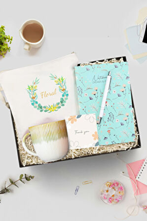 Bez El Çantası & Yeşil Çiçekli Defter & Porselen Kupa & Beyaz Tükenmez Kalem Hediye Seti