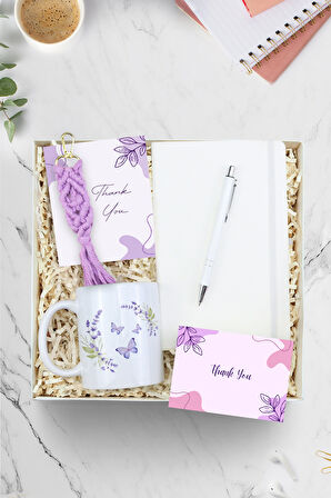 Beyaz Defter & Beyaz Tükenmez Kalem & Kelebek Tasarım Kupa & Makrome Anahtarlık Hediye Seti