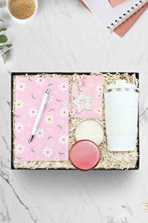 Papatya Defter & İnci Yıldız Anahtarlık & Toka & Beyaz Tükenmez Kalem & 500 Ml Termos Hediye Seti
