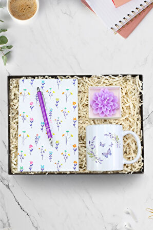 Beyaz Çiçekli Defter & Gümüş Renk Detaylı Mor Tükenmez Kalem & Kelebek Kupa & Lotus Mum Hediye Seti
