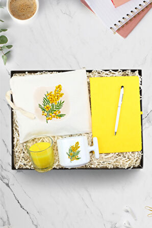 Sarı Defter & Bez El Çantası & T Kupa & Beyaz Touch Pen & Limonlu Bardak Mum Hediye Seti