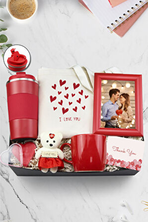 Kırmızı 500ml Termos & Kırmızı Çerçeve & Bez Çanta & Kırmızı Kupa & Kalp Mum & Love Ayıcık Seti