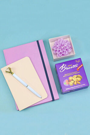 Mor Defter & Mini Not Defteri & Diamond Kalem & Lotus Çiçeği Mum & Tafe Mini Kurabiye Hediye Seti