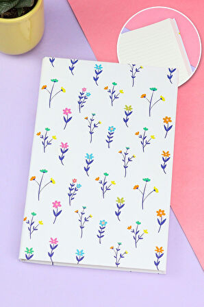 Beyaz Çiçek Defter & Diamond Kalem & Bambu Kapaklı Cam Matara & Kupa Hediye Seti