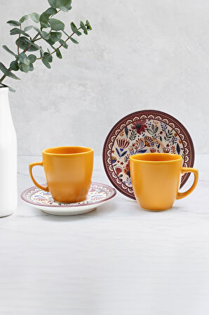 2li Turuncu Kahve Fincanı & 2li Tek İçimlik Türk Kahvesi & 2'li Kahve Yanı Su Kadehi Hediye Seti