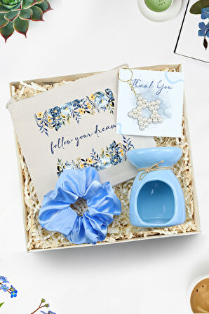 Çiçekli Ham Bez El Çantası & Buhurdanlık ve Esansı & İnci Yıldız Anahtarlık & Saten Toka Hediye Seti