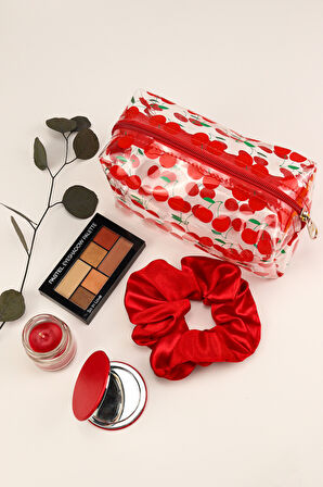 Kiraz Desenli Makyaj Çantası & Far Paleti & Toka & Kırmızı Ayna & Mini Kavanoz Mum Hediye Seti
