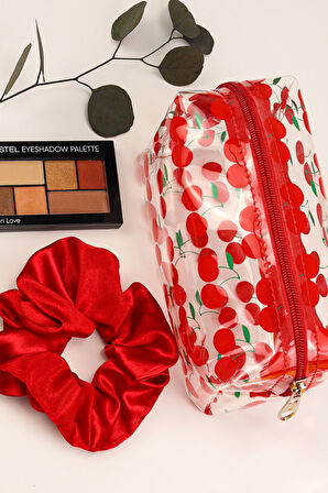 Kiraz Desenli Makyaj Çantası & Far Paleti & Toka & Kırmızı Ayna & Mini Kavanoz Mum Hediye Seti