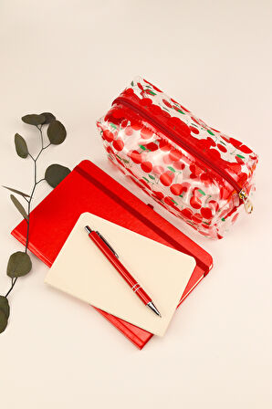 Kırmızı Defter & Mini Not Defteri & Kiraz Desenli Kalemlik & Kırmızı Tükenmez Kalem Hediye Seti