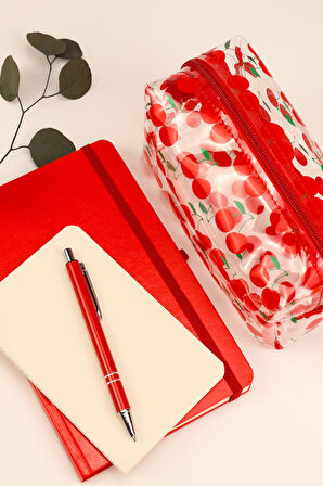 Kırmızı Defter & Mini Not Defteri & Kiraz Desenli Kalemlik & Kırmızı Tükenmez Kalem Hediye Seti