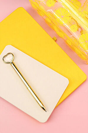 Sarı Defter & Not Defteri & Kalp Kalem & Limon Desenli Şeffaf Büyük Boy Kalemlik Hediye Seti