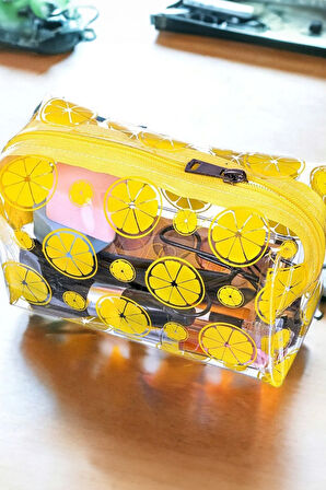 Sarı Defter & Not Defteri & Kalp Kalem & Limon Desenli Şeffaf Büyük Boy Kalemlik Hediye Seti