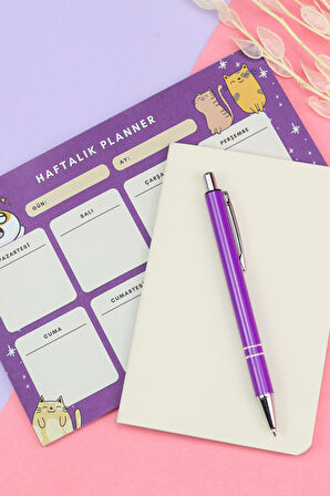 Gümüş Renk Detaylı Mor Tükenmez Kalem & Haftalık Planner & Dikişli Mini Not Defteri Hediye Seti