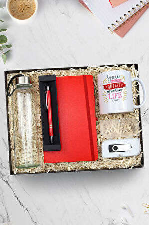 Kırmızı Defter & Kırmızı Tükenmez Kalem & USB Bellek & Kupa & Cam Matara Hediye Seti