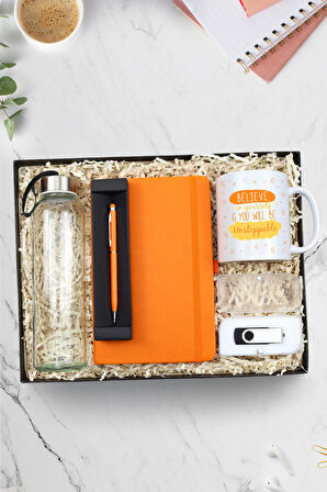 Turuncu Defter & Touch Pen & Kupa & Cam Matara & USB Bellek Hediye Seti
