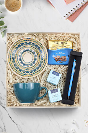Mavi Touchpen & Godiva Çikolata & 2'li Teashop Bitki Çayı & Lacivert Çay Fincanı Hediye Seti