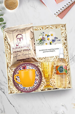 Turuncu Türk Kahvesi Fincanı & Kahve Yanı Su Kadehi & Türk Kahvesi & Kolonya Hediye Seti