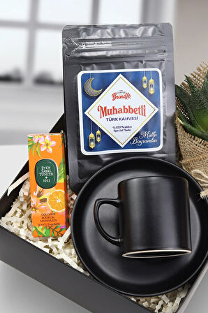 Siyah Seramik Fincan &  Mini Kolonya & Muhabbetli Türk Kahvesi & Canlı Sukulent Çiçek Hediye Seti