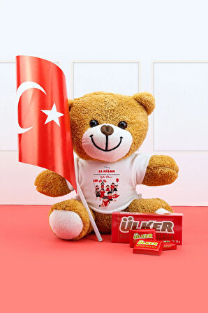 23 Nisan Tasarımlı Peluş Ayıcık & Ülker Napoliten Sütlü Çikolata & Türk Bayrağı 23 Nisan Hediye Seti