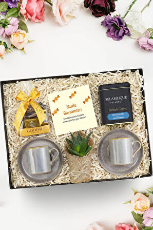 Gri Porselen Türk Kahvesi Fincan & Canlı Çiçek & Napoliten Çikolata & Türk Kahvesi Hediye Seti