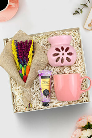 Lotus Buhurdanlık & Kurutulmuş Çiçek Buketi & Eyüp Sabri Tuncer El Kremi & Pembe Kupa Hediye Seti