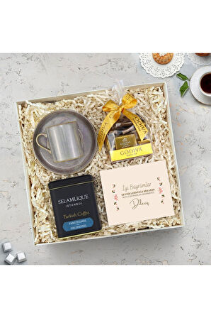 Gri Porselen Türk Kahvesi Fincan & Godiva Napoliten Çikolata & Selamlıque Türk Kahvesi Hediye Seti