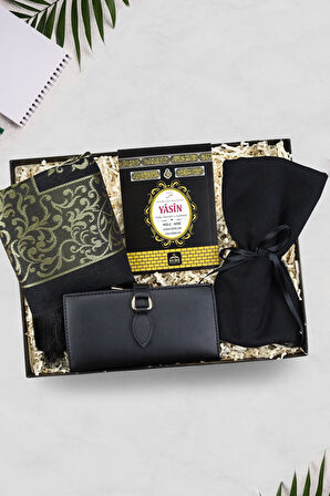 Yasin-i Şerif & Seccade & Siyah Renk Pamuk Şal & Siyah Yumuşak Deri Cüzdan Hediye Seti