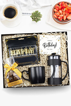 Kupa & French Pres & Gold Happy Birthday Mum & Godiva Napoliten Çikolata Doğum Günü Hediye Seti