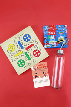 Ahşap 5'li Oyun Seti & 500ml Cam Matara & Züber Kidz Meyve Küpü Hediye Seti