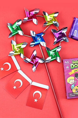 Asma Türk Bayrağı & Balon & İngilizce Domino Kart Oyunu & Çikolata & Rüzgar Gülü Hediye Seti