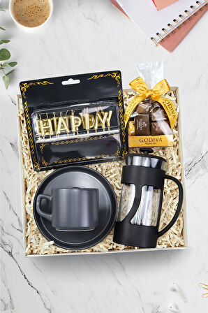 Happy Birthday Harf Mum & Godiva Napoliten Çikolata & Siyah French Press & Gri Fincan Hediye Seti