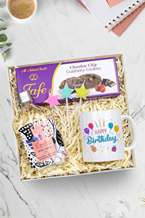 Happy Birthday Kupa & Pomellos Kolonya & Kurabiye & 3'lü Doğum Günü Yıldız Mum Hediye Seti