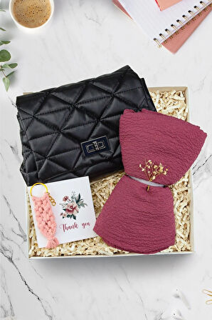 Siyah Renk Kadın Çanta & Mürdüm Şal &  Makrome Anahtarlık Hediye Seti