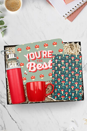 Mantar Mouse Pad & Mantar Defter & 500Ml Kırmızı Su Matarası & Kırmızı Kupa Hediye Seti