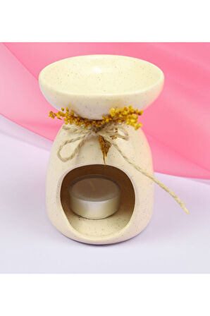 Kahverengi Desenli Çay Fincanı & Buhurdanlık & Kraft Kutulu Papatya Mum Hediye Seti