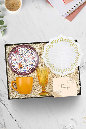 Turuncu Türk Kahvesi Fincanı & Kahve Yanı Su Kadehi & Sunum Kahve Peçetesi Hediye Seti