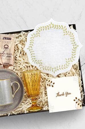 Gri Porselen Kahve Fincanı ve Su Kadehi & Sunum Kahve Peçetesi & 2'li Türk Kahvesi Hediye Seti