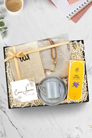 Kadife Kaplı Yasin-i Şerif-Seccade & Tesbih & Gri Porselen Kahve Fincanı & Rebul Kolonya Hediye Seti