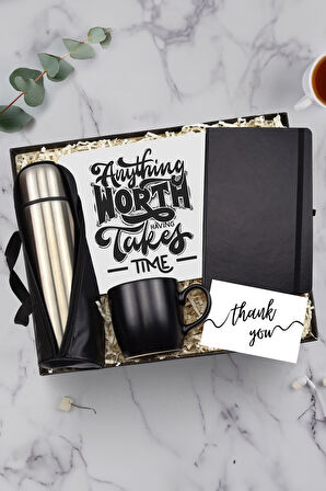 500 ML Deri Çantalı Termos & Siyah Defter & Siyah Mat Kupa & Tasarım Mouse Pad Hediye Seti
