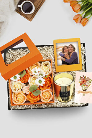 Turuncu Gül Kutusu & Gold Bardak Mum & Turuncu Instagram Çerçeve Hediye Seti