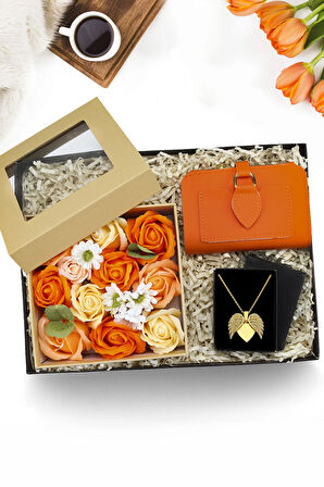 Turuncu Cüzdan & Melek Kanatlı Kolye & Bej Turuncu Gül Kutusu Hediye Seti