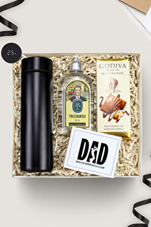 Babalar Gününe Özel Siyah 500ml Dereceli Termos & Godiva Çikolata & Tıraş Kolonyası Hediye Seti