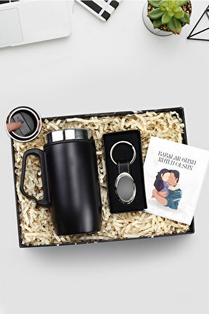 280 ML Kulplu Siyah Çelik Termos & Elips Anahtarlık Hediye Seti