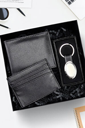 Siyah Erkek Suni Deri Cüzdan & Gümüş Renk Anahtarlık & Siyah Kartlık Hediye Seti