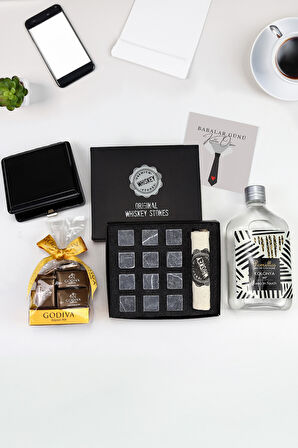 Siyah Renk Tabaka & Viski Taşı Soğutma Taşı Seti & Godiva Çikolata & Pomellos Kolonya Hediye Seti