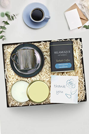 Mum & Lacivert Çizgili Porselen Türk Kahvesi Fincanı & Türk Kahvesi Hediye Seti