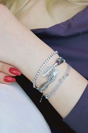 Su Yolu Bileklik & Kelepçe Bileklik & Halka Detaylı Zincir Bileklik Takı Seti